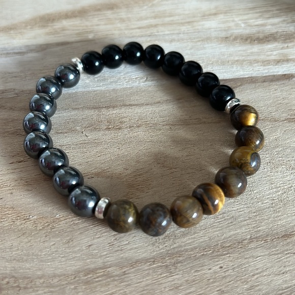 HEMATITE, TIGER EYE & BLACK TOURMALINE STRETCH BRACELET, NEW - Picture 2 of 3